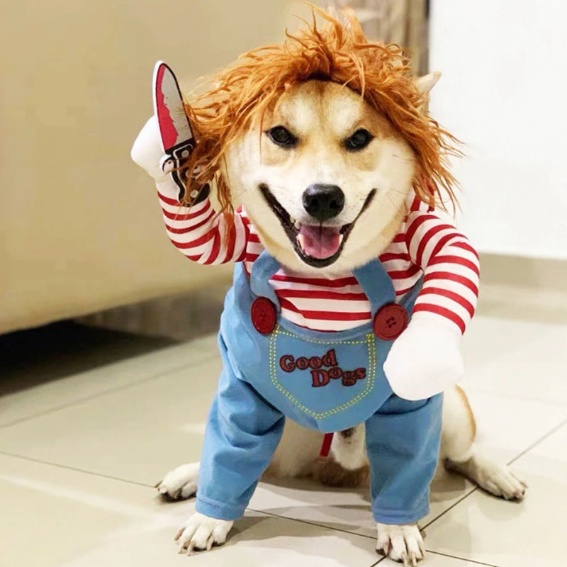 Roupa Divertida para Cães - Fantasia de Halloween com Cachorro Segurando uma Faca para Cosplay