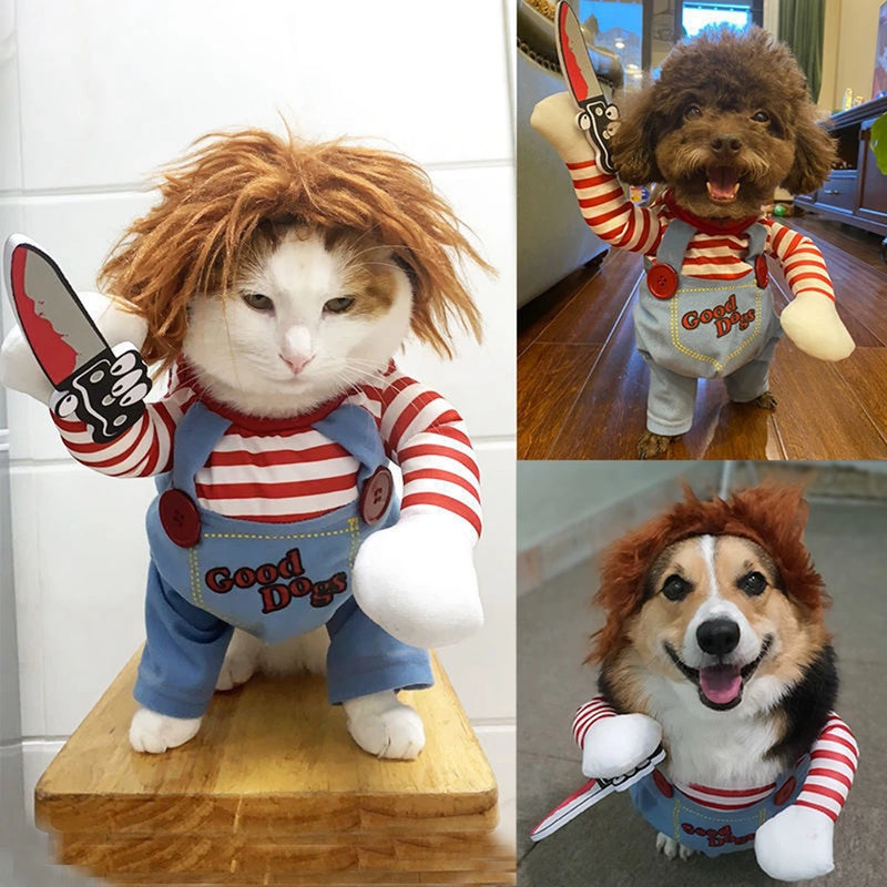 Roupa Divertida para Cães - Fantasia de Halloween com Cachorro Segurando uma Faca para Cosplay