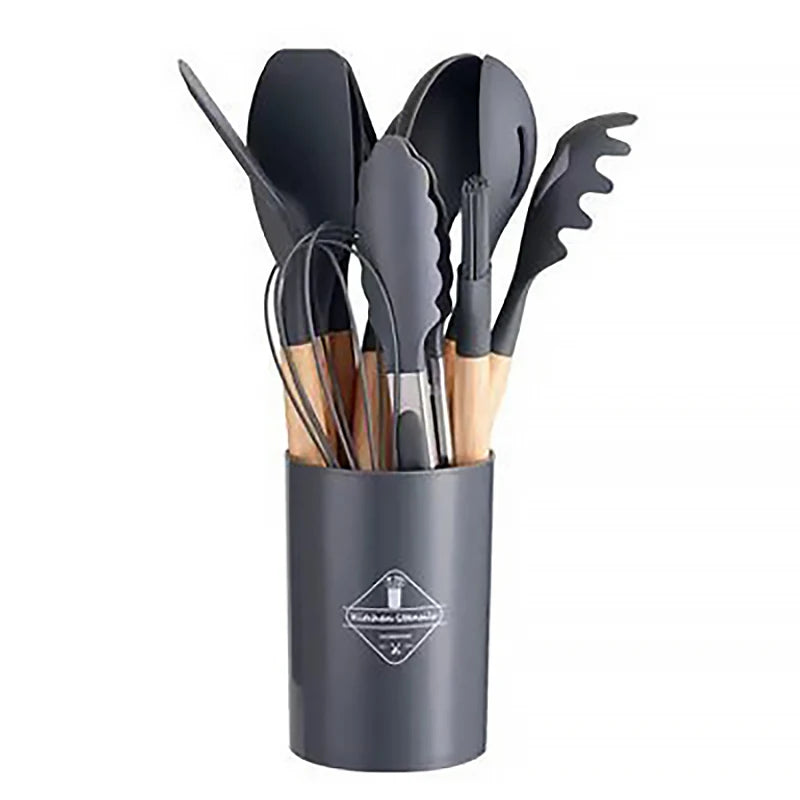 Conjunto de Utensílios de Cozinha em Silicone com Cabo de Madeira - 12 Peças