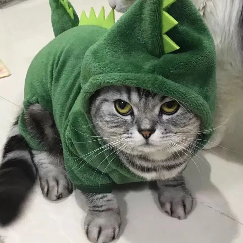 Roupa Divertida de Dinossauro para Gatos - Casaco de Inverno Aconchegante em Pelúcia com Capuz.