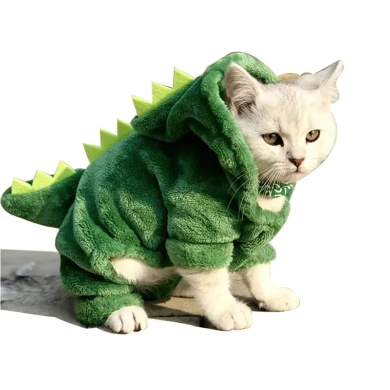 Roupa Divertida de Dinossauro para Gatos - Casaco de Inverno Aconchegante em Pelúcia com Capuz.