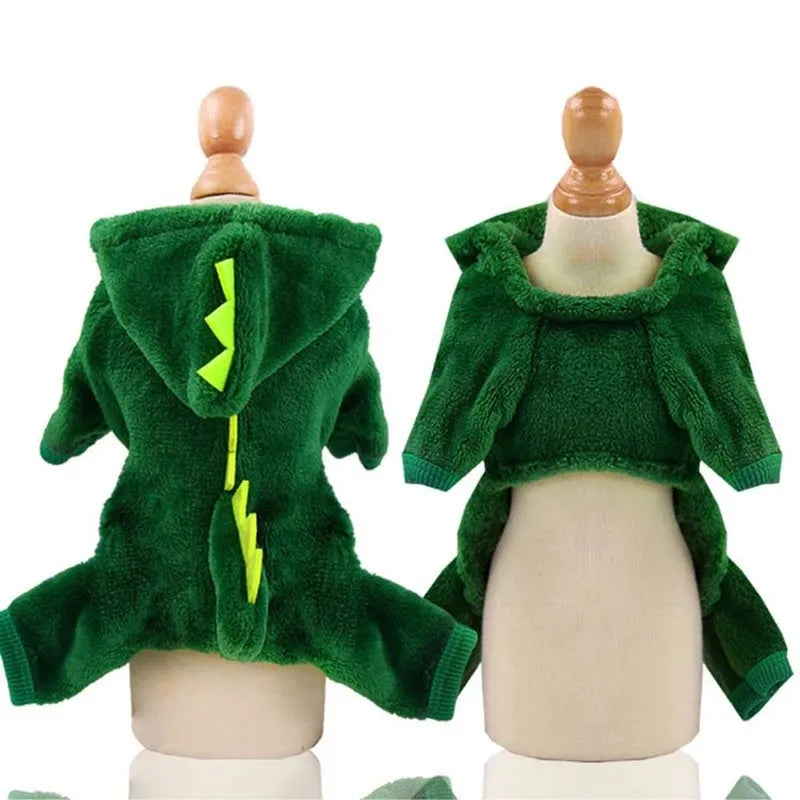 Roupa Divertida de Dinossauro para Gatos - Casaco de Inverno Aconchegante em Pelúcia com Capuz.