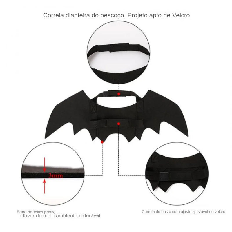 Fantasia de Morcego para Pets - Perfeita para o Halloween! Inclui Asas e Adorno para a Cabeça.