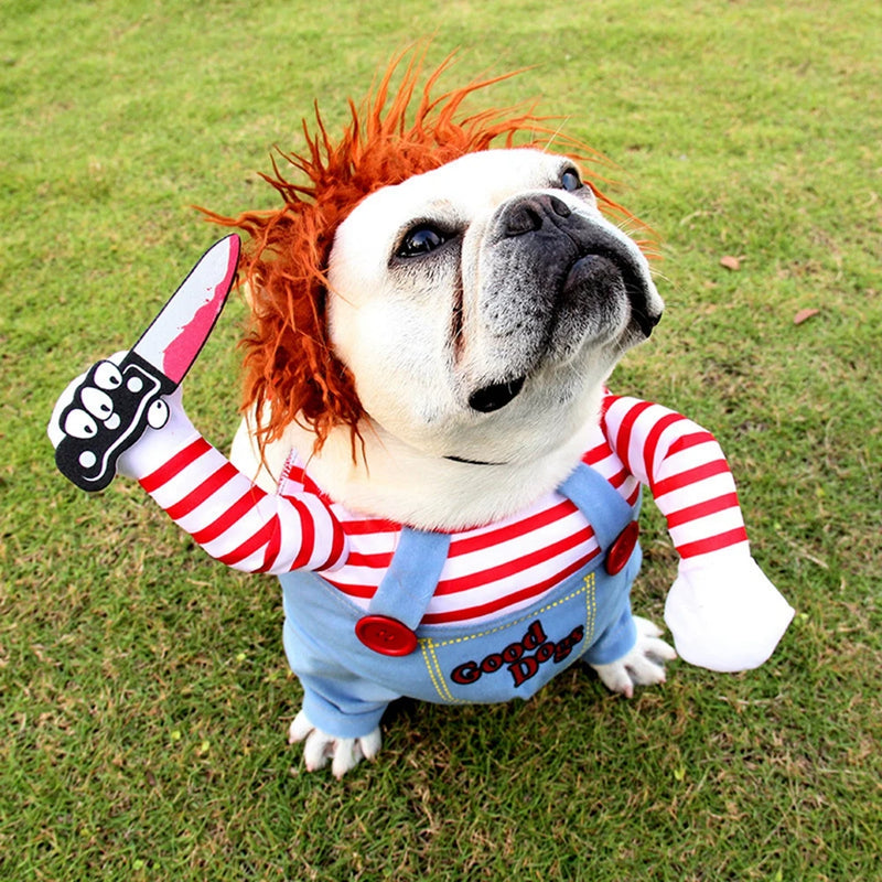 Roupa Divertida para Cães - Fantasia de Halloween com Cachorro Segurando uma Faca para Cosplay